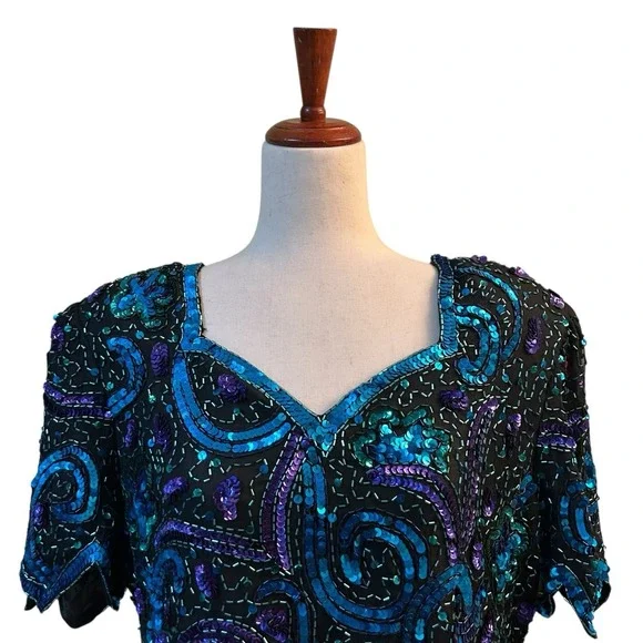 Laurence Kazar Top XL Blue Silk Blouse Sequined Beaded Vintage VTG 80s Scalloped - Picture 3 of 12